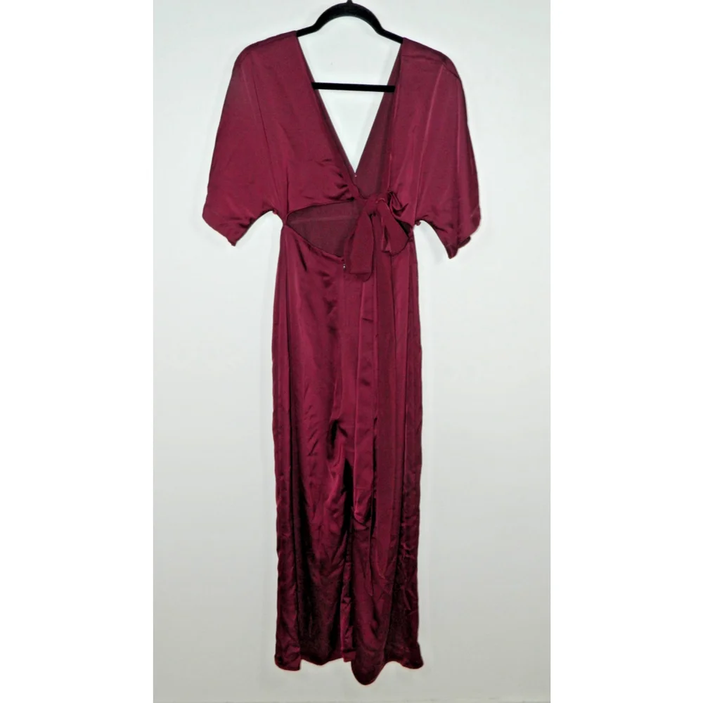 NICHOLAS Jumpsuit Size‎ 2 Burgundy Satin Wrap V-Neck Tie Front Open Back